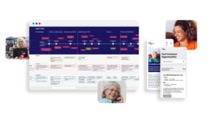 A collage of the detailed user journey map showing information about different parts of the volunteer journey, mobile screenshots of potential designs and images of smiling volunteers.