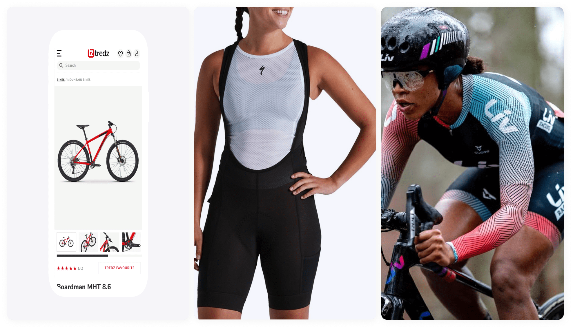 3 images side by side: Tredz website on a smartphone screen, a person modelling Tredz clothing and a person on a bike wearing cycling gear and a helmet