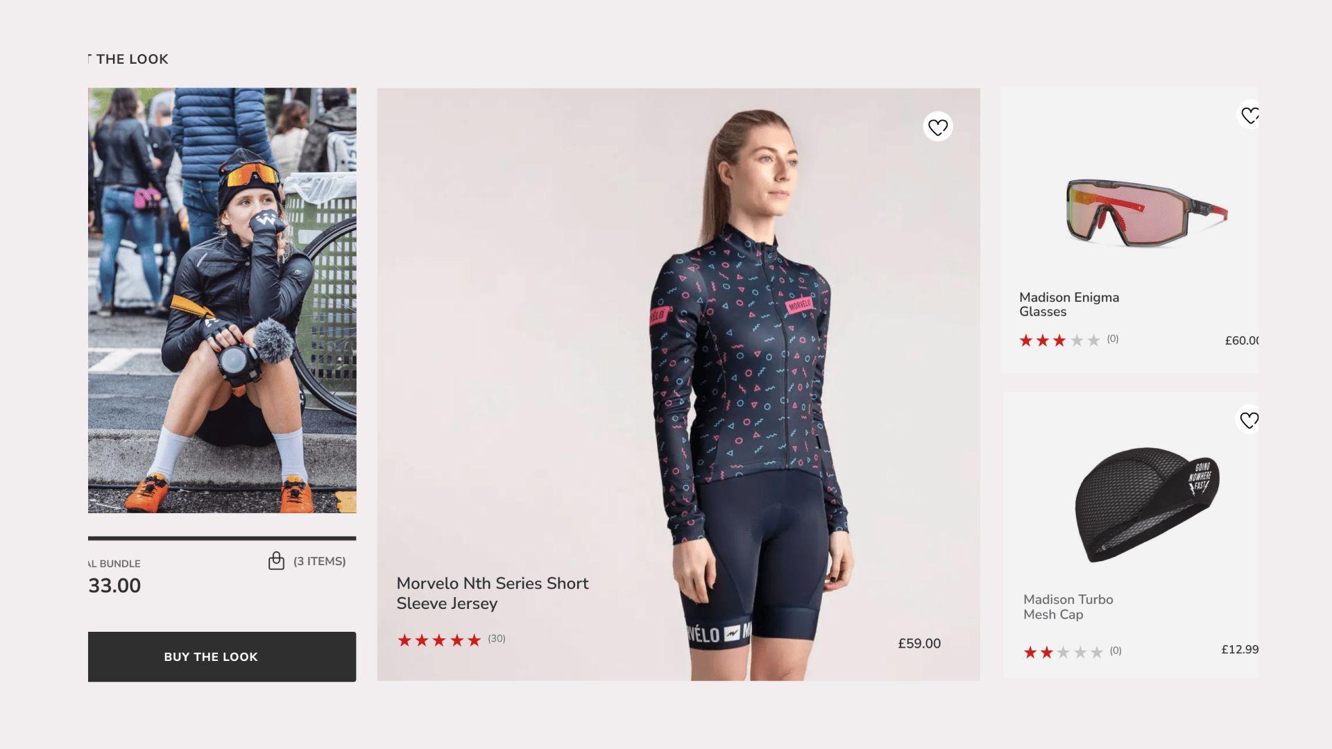 Snippet of Tredz website showing various cycling products, including a short sleeve jersey, glasses and a mesh cap