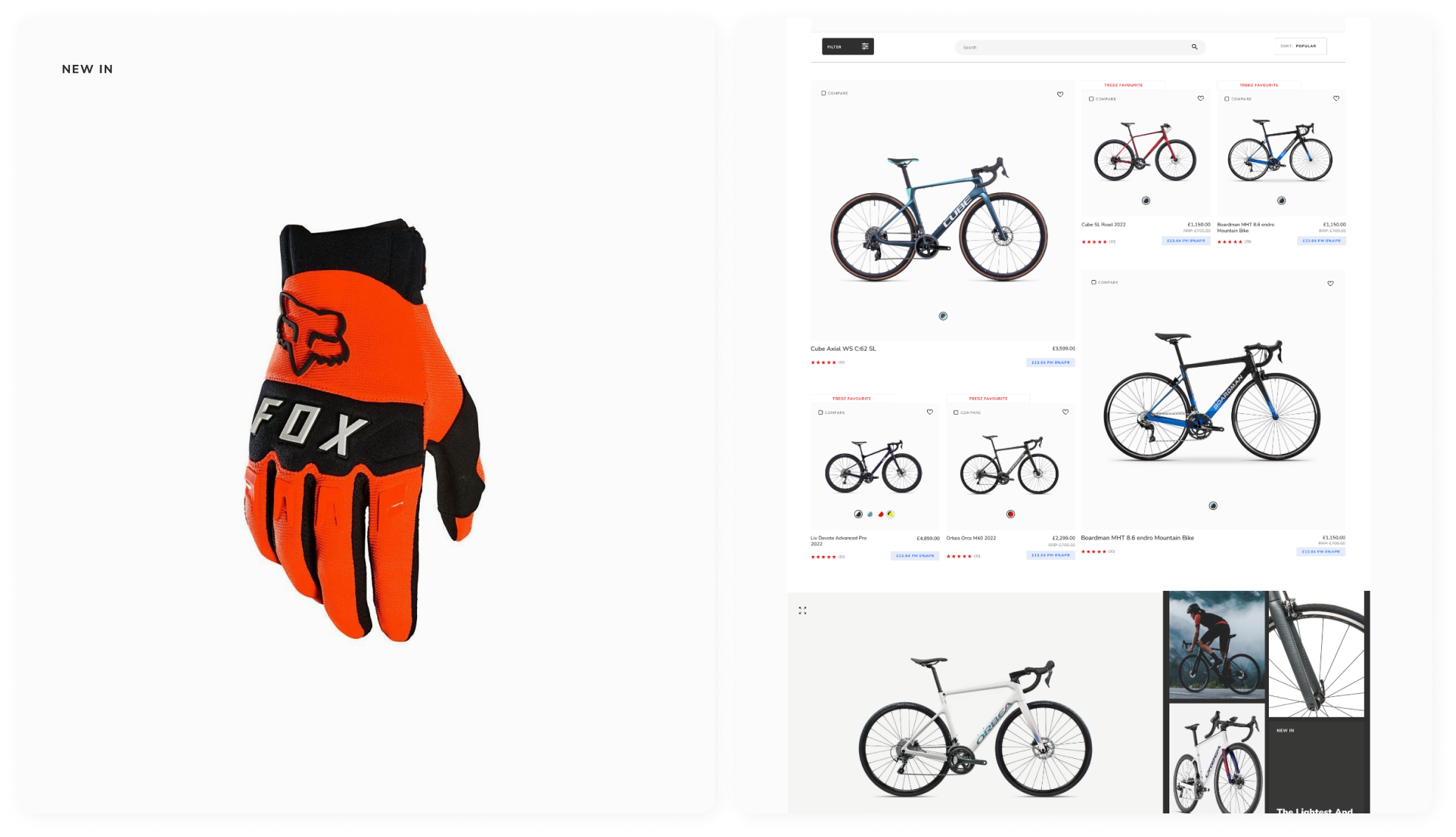 2 images side by side: a cycling glove, and the Tredz website showing a variety of bikes