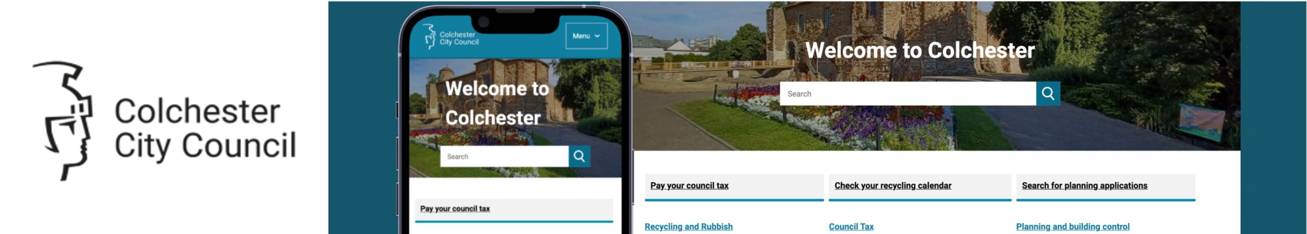 Colchester Council logo - image shows mobile and desktop versions of council website