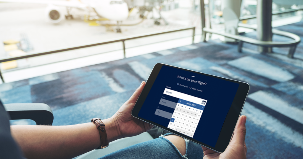 Image of a tablet device featuring an accessible flight check-in system.