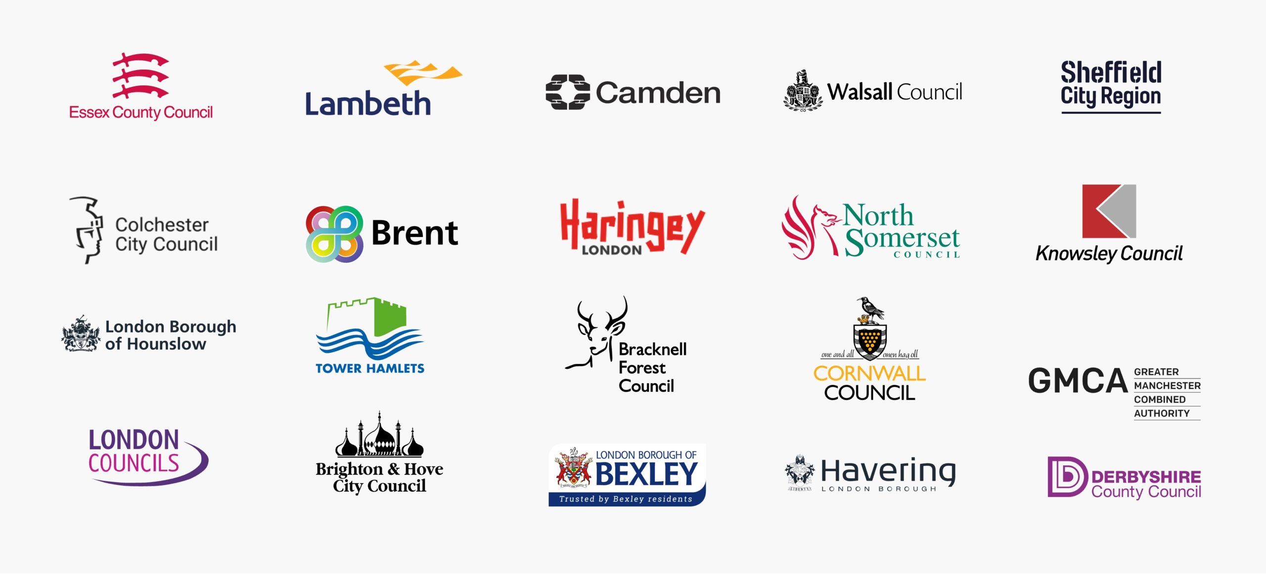 Logos for: Essex County Council, Lambeth Council, Camden Council, Walsall Council, Sheffield City Region, Colchester City Council, Brent Council, Haringey Council, North Somerset Council, Knowsley Council, London Borough of Hounslow, Tower Hamlets, Bracknell Forest  Council, Conrwall Council, Greater Manchester Combined Authority, London. Councils, Brighton & Hove City Council, London Borough of Brexley, Havering London Borough, Derbyshire County Council